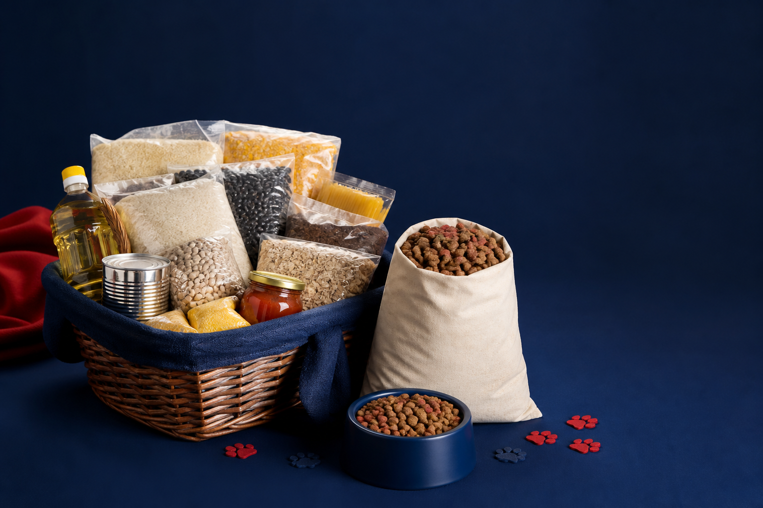 Cesta com alimentos e um saco de ração para doação